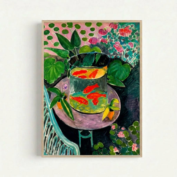 Modern art poster with a swimming goldfish rendered in bold colors and organic shapes characteristic of early 20th-century modernism, hung on wall.