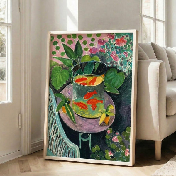 Poisson Rouge wall art print depicting a crimson goldfish in abstract botanical surroundings, rendered in Matisse's signature bold color palette.