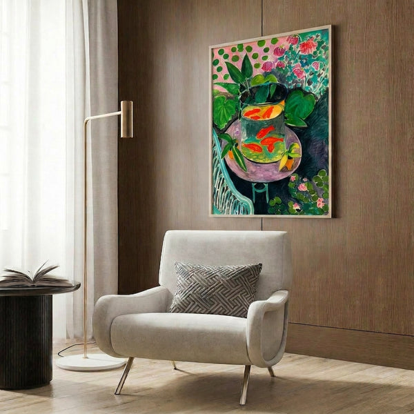 Henri Matisse's iconic goldfish artwork as a framed print, showing the red fish with decorative aquatic elements in warm, harmonious colors.