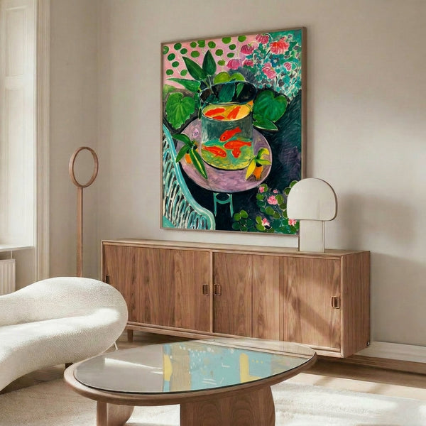 Modern living room wall art: Matisse's The Goldfish print with vibrant reds and organic forms capturing the essence of early modernist painting.
