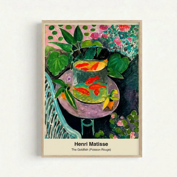 Art Nouveau-inspired poster displaying a serene goldfish in a decorative bowl with lush green foliage, using warm coral and cool blue hues to create a peaceful, paradise-like atmosphere.