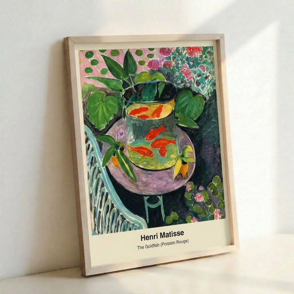 Modern wall art showing a vibrant coral goldfish amid aquatic and botanical elements in shades of blue, green, and ochre, evoking a contemplative, harmonious interior scene.