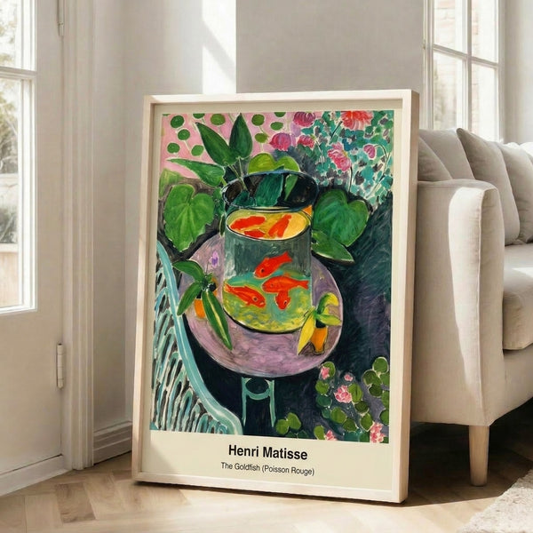 Framed artwork depicting a tranquil goldfish composition with flowing plant forms in coral, blue, and green, capturing the meditative essence of Art Nouveau modernism.