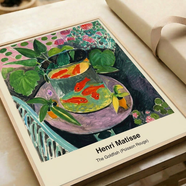 Modern interior art featuring a peaceful goldfish scene in coral and blue with botanical elements in green and ochre, rendered in a sophisticated Art Nouveau style.