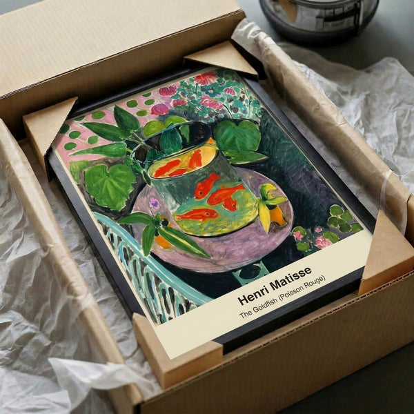 Wall-mounted print of a contemplative goldfish composition blending aquatic and plant imagery in coral, blue, green, and white, evoking paradise through modern artistic expression.