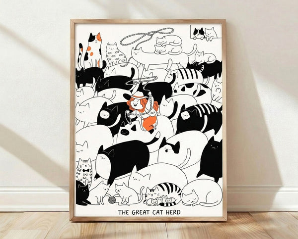 Whimsical line art poster of an anime girl in cowgirl attire herding orange cats with a lasso, rendered in black and cream with playful adventure spirit.