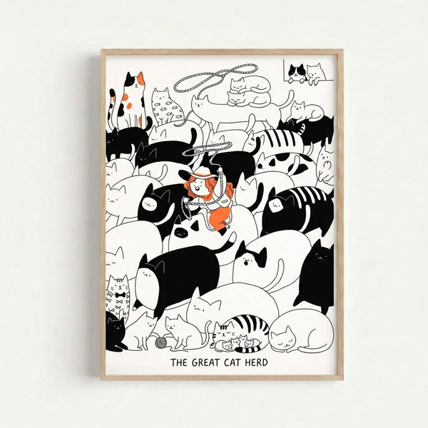 Framed anime-style line drawing featuring a spirited girl wrangling a herd of orange cats on a rope, capturing lighthearted cowgirl energy in black and white.