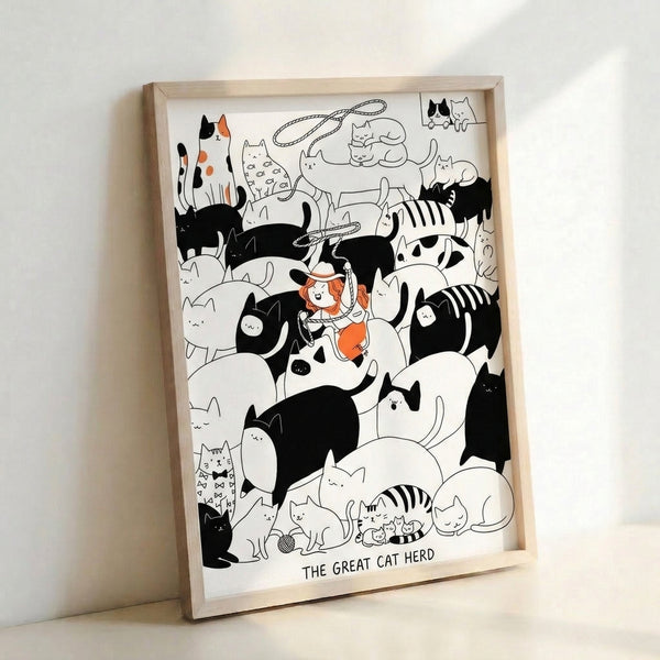 Playful kawaii poster art showing an adventurous anime character lassoing a group of orange cats, executed in minimalist black line work on cream background.