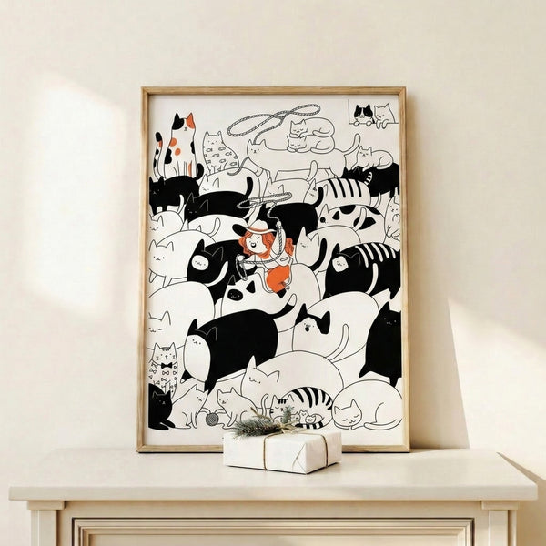 Black line art illustration of a girl herding orange cats like cattle with a rope, blending anime aesthetics with whimsical cowgirl charm on a light backdrop.