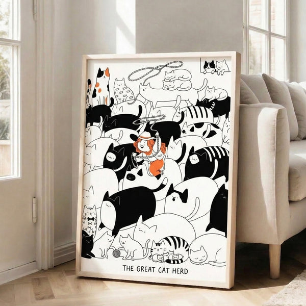 Charming framed line art print depicting an anime girl wrangling a spirited cat herd with lasso, rendered in bold black strokes with orange accents and cream tones.