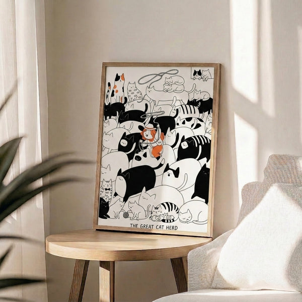 Lighthearted poster featuring an anime cowgirl herding a group of orange cats, drawn in simple black lines with a playful, adventurous mood throughout.