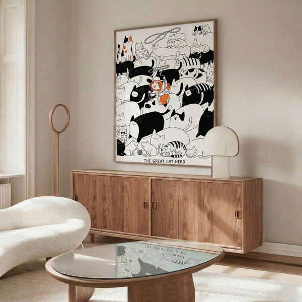 Minimalist line art framed poster of a whimsical girl lasso-herding orange cats in anime style, combining playful adventure with clean black strokes on cream.