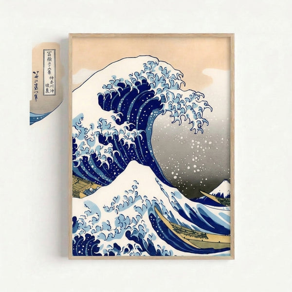 Classic Japanese woodblock art depicting a dramatic ocean wave in prussian and pale blue with a small boat and Mount Fuji beyond, displayed as a framed print.