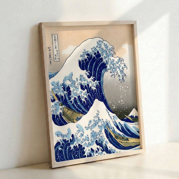 Timeless ukiyo-e masterpiece showing an enormous wave threatening a tiny vessel against a serene mountain landscape, rendered in indigo and cream tones.