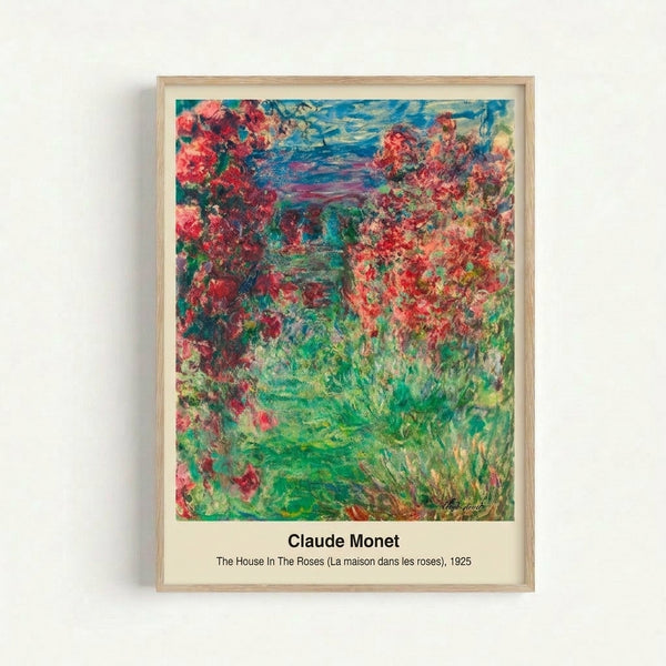 Abstract expressionist poster featuring a cottage surrounded by vibrant rose gardens in pale blues, pinks, and whites, evoking peaceful natural tranquility.