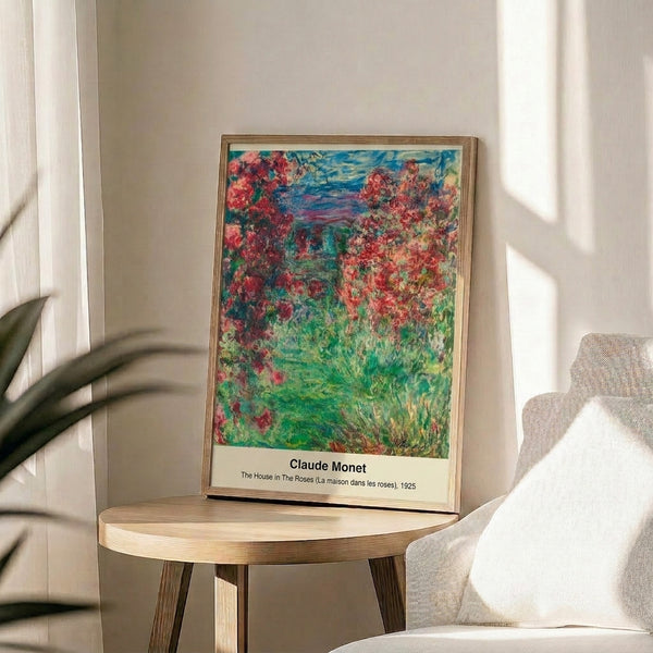 Romantic impressionist-style framed print featuring a cottage nestled within blooming roses, painted in luminous golden yellows, pinks, and tranquil blues.