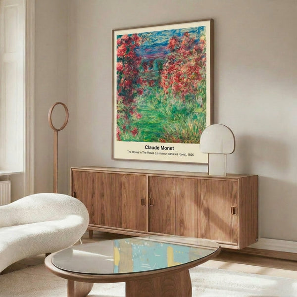 Garden-inspired art print with impressionist loose brushwork showing a house amid roses in soft palette of rose pink, white, pale blue, and golden tones.