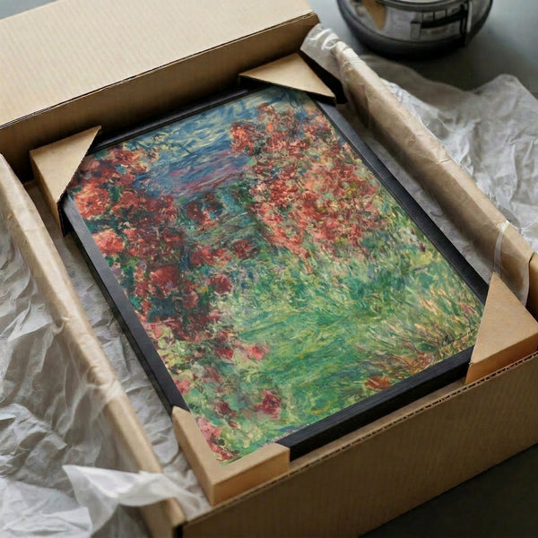 Claude Monet's The House In The Roses as a framed print, an impressionist masterpiece evoking pastoral beauty with luminous rose blooms and architectural serenity in harmonious muted tones.