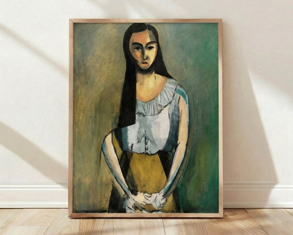 Minimalist portrait of a woman in muted earth tones and soft pastels, rendered in loose brushstrokes characteristic of early modernism; framed poster art on wall.