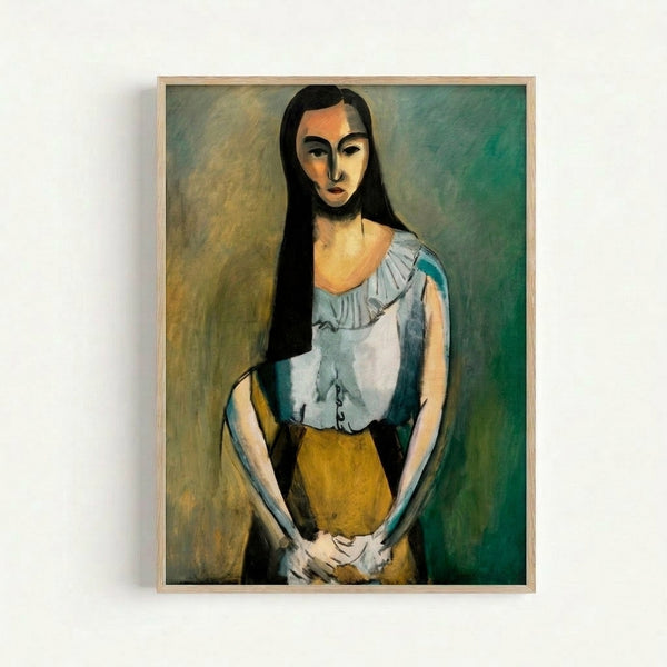 Abstract female figure with simplified features in warm ochre, cream, and burgundy hues, exemplifying faceless portrait style; matted and framed wall art.