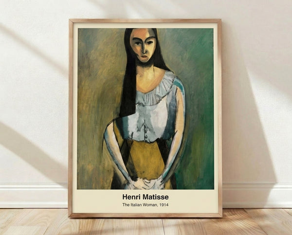Minimalist portrait of a woman in ochre, gray, and black tones, styled as a framed art print on a wall in an austere, introspective aesthetic inspired by Henri Matisse.