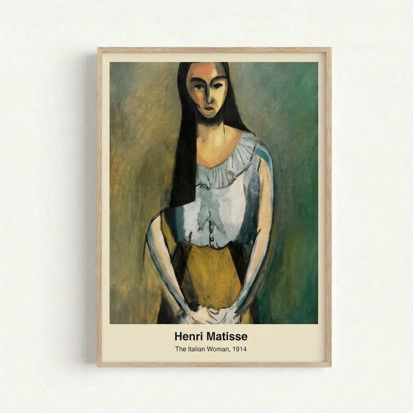 Framed poster featuring a faceless woman's portrait in muted earth tones and cream, rendered in a stark, iconic minimalist style reminiscent of early twentieth-century modernism.