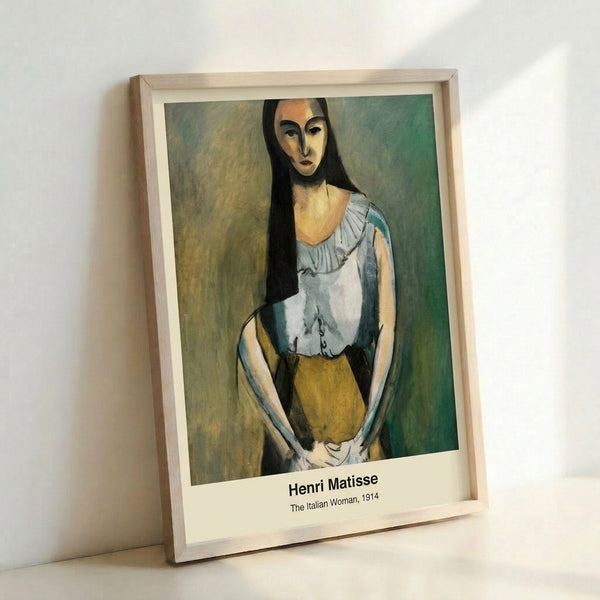 Art Nouveau-influenced portrait print in ochre and gray displaying a contemplative female figure, hung as a framed artwork with bold, reductive linework.