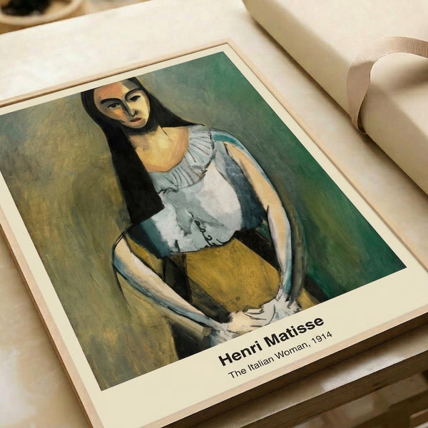 Minimalist framed portrait print featuring a figure in muted grays and warm ochre, with an iconic, contemplative quality rooted in Art Nouveau sensibility.