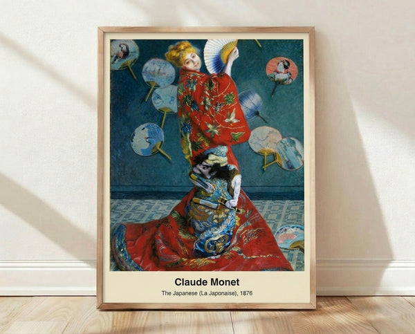 Impressionist portrait of a woman in a vibrant red kimono holding a fan, rendered in warm gold, cream, and soft blue tones on a framed art print.