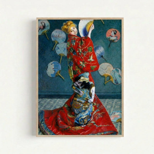 Faceless figure draped in ornate Japanese kimono with decorative patterns, captured in romantic Impressionist style with rich red and gold hues.