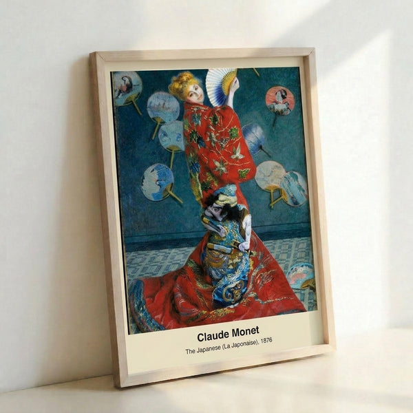Art Nouveau-inspired framed poster depicting a woman wearing a patterned red kimono and holding a fan against a cream and blue background.
