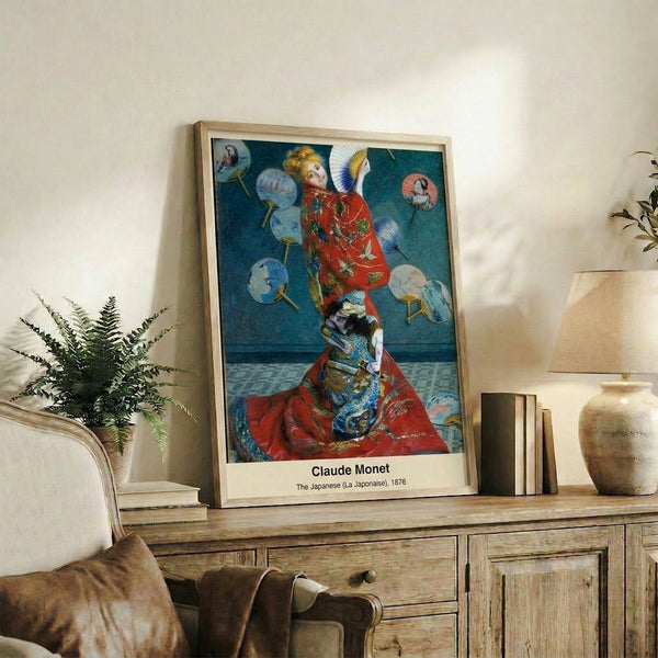 Romantic Impressionist composition featuring a faceless woman in an elaborate red and gold kimono, displayed as a framed wall art print.