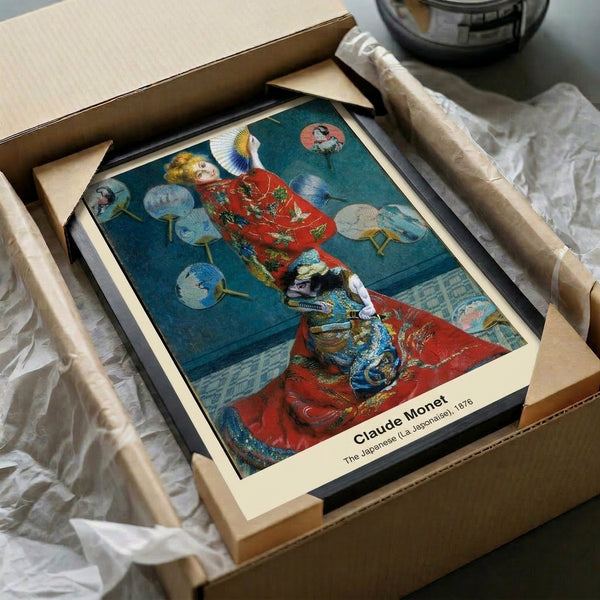 Elegant framed print of a woman in intricate Japanese kimono with fan, blending Impressionist brushwork and Art Nouveau aesthetics in rich red and gold tones.
