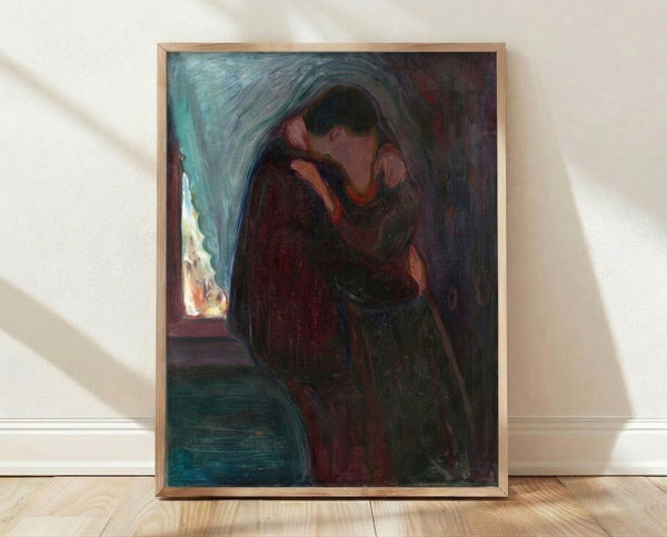 The Kiss, a framed art print featuring an intimate couple embracing in Munch's expressionist style with warm, muted tones and soft brushwork.