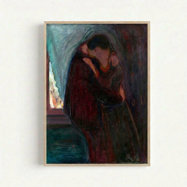 Romantic framed poster artwork depicting two figures in a tender kiss, rendered in expressive strokes with earthy colors and emotional atmosphere.