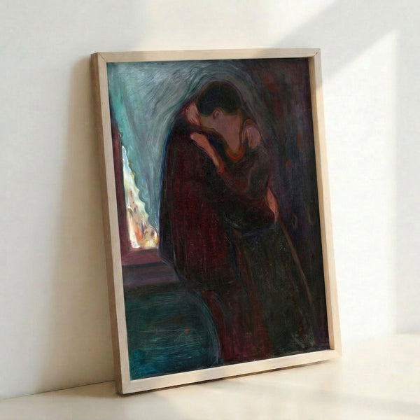 The Kiss wall art print showing an embracing couple in minimalist expressionist technique with warm ochre and deep neutral tones.