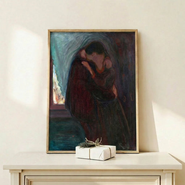 Framed print of an affectionate couple kissing, painted in a loose expressionist manner with soft, blended warm and cool color palette.