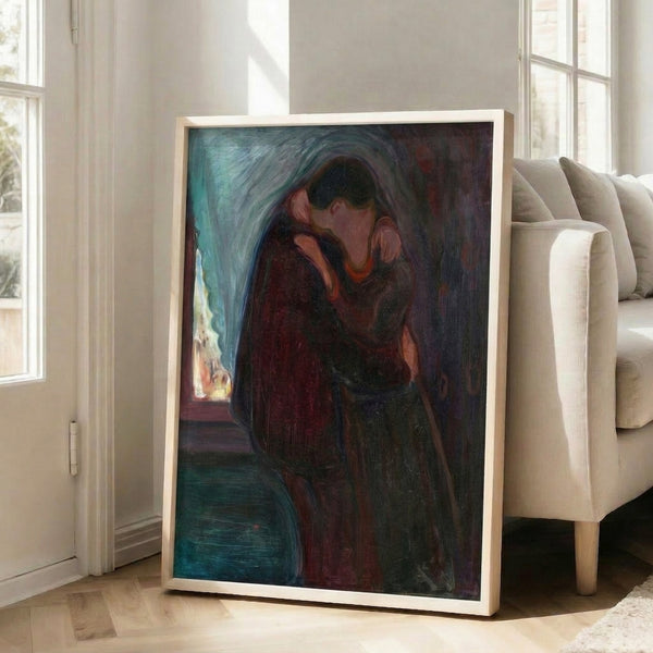 Wall-mounted art print capturing an intimate moment between two figures in expressive brushwork with muted, contemplative tones.