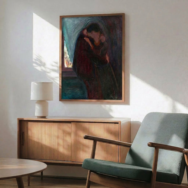Romantic framed artwork depicting a passionate embrace rendered in expressionist style with soft, flowing forms and warm earthy hues.
