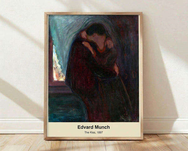 Framed minimalist art print of two figures embracing in an intimate kiss, rendered in deep browns, ochre, and cream tones against a dark background, evoking psychological intensity and melancholy.