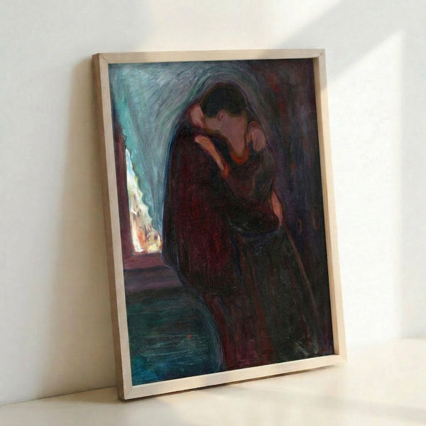 Framed wall art depicting an intimate moment between two lovers, created in a minimalist style with muted blacks, browns, and ochre, expressing both tenderness and psychological complexity.