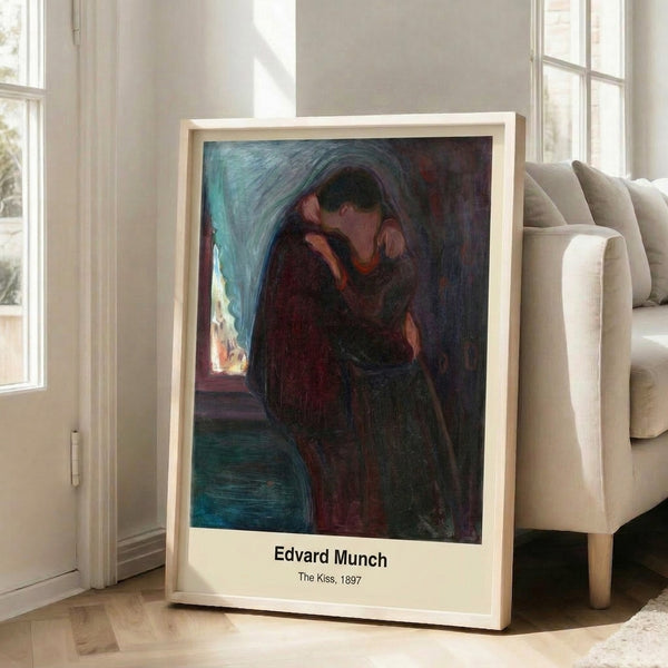 Minimalist art print showing a couple in a passionate kiss rendered through simplified forms in deep browns and cream, evoking an atmosphere of intimate melancholy and emotional resonance.