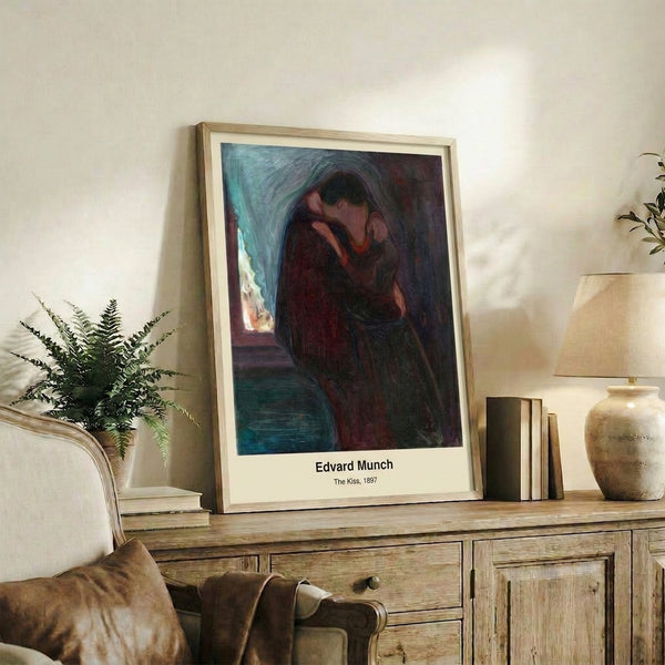 Framed minimalist poster of two figures in a tender embrace, their silhouettes defined by dark browns and ochre against a shadowed background, capturing psychological intensity and romantic closeness.