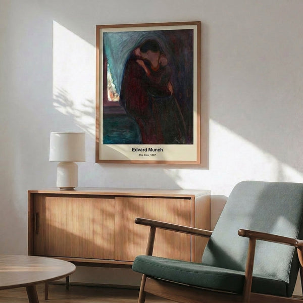 Minimalist wall print featuring lovers in an intimate kiss, rendered with earthy tones of brown, ochre, and cream on deep background, conveying both vulnerability and dark emotional depth.