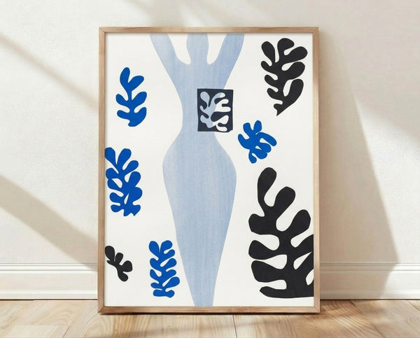 Abstract lithograph art print featuring bold geometric cutout shapes in warm earth tones and muted colors, creating a dynamic composition inspired by mid-century modern design.