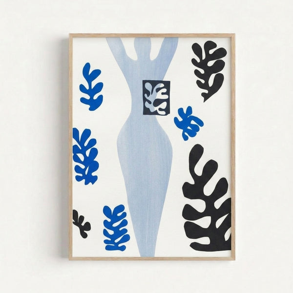 Framed poster displaying an abstract knife thrower motif rendered in colorful paper cutout style with organic and angular forms against a neutral background.