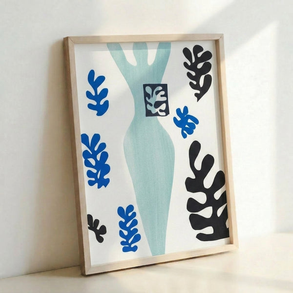 Modern art print with layered abstract shapes in ochre, terracotta, and cream tones, showing the influence of Matisse's cut-paper technique displayed as wall decor.