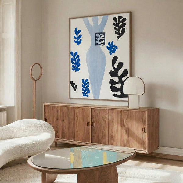 Abstract lithograph poster with layered geometric cutout shapes in warm, muted tones creating a sophisticated contemporary wall art composition.