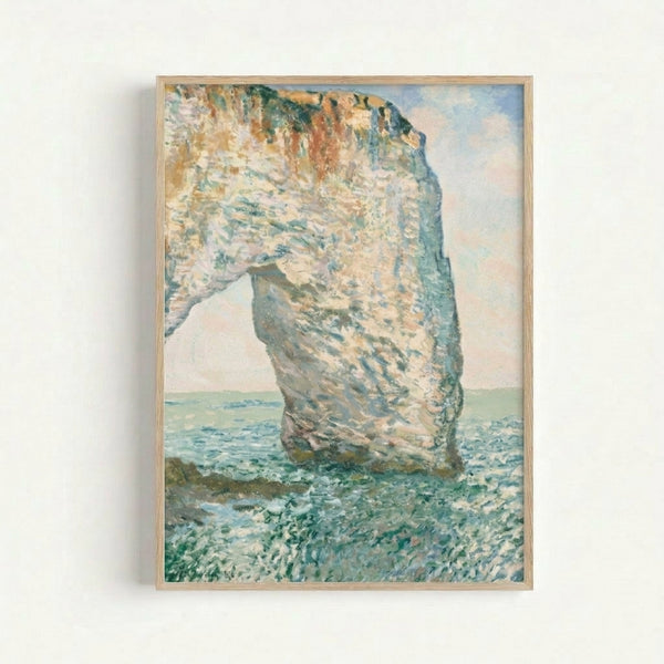 Claude Monet's serene coastal landscape featuring a natural stone archway overlooking calm waters in muted blues and warm earth tones.