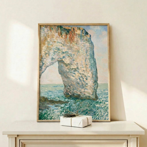 Peaceful seascape with towering limestone arch and tranquil sea in delicate blues and creams, characteristic of Monet's coastal studies.